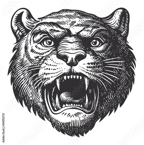 Vintage Hand-Drawn Illustration of a Roaring Tiger Head