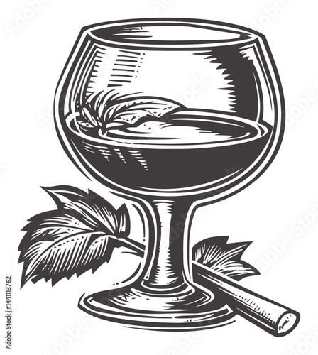 Vintage Hand-Drawn Illustration of a Cocktail Glass with Leaf