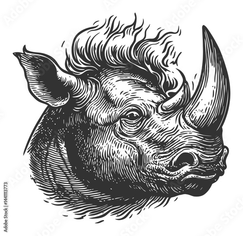Vintage Hand-Drawn Illustration of a Rhinoceros Head