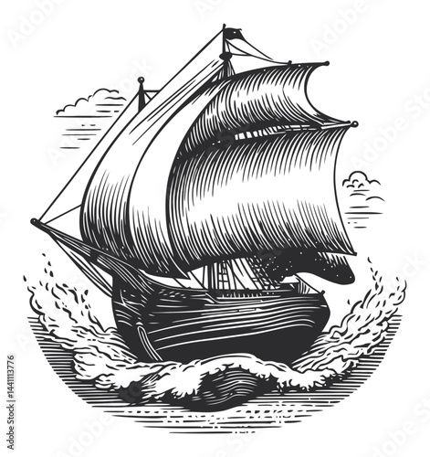 Vintage Hand-Drawn Illustration of a Majestic Sailing Ship at Sea
