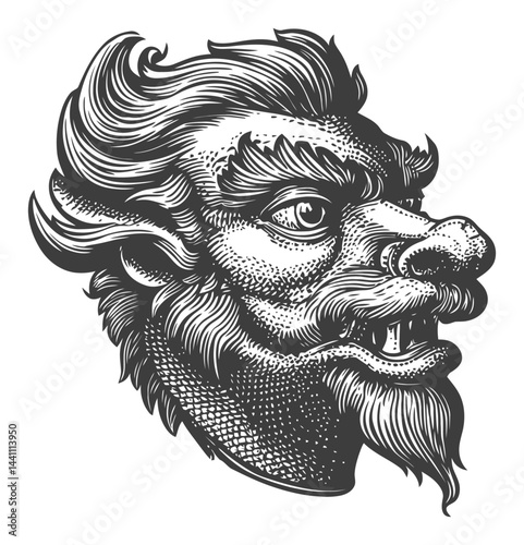 Vintage Hand-Drawn Illustration of a Detailed Lion Head Featuring Fur