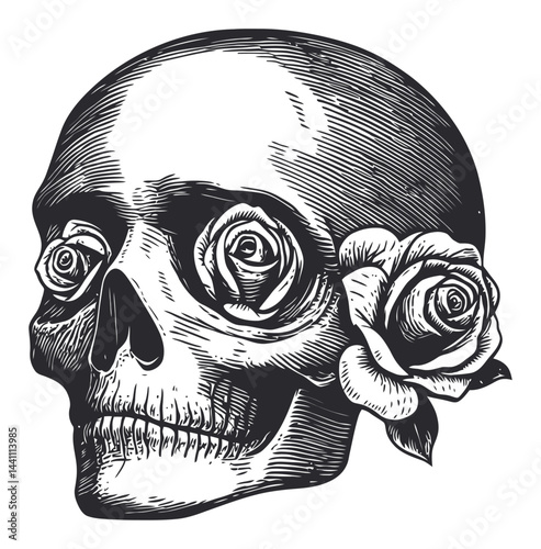 Detailed Vintage Hand-Drawn Skull with Roses Illustration Art