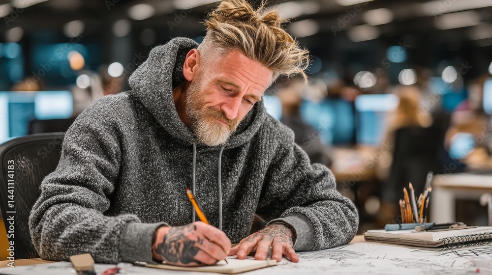 A man with a beard and gray hair is writing in a notebook