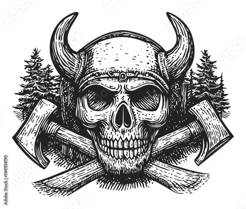 Vintage Hand-Drawn Skull Illustration with Viking Helmet and Axes