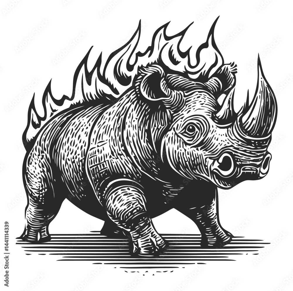 Fototapeta premium Vintage Hand-Drawn Illustration of a Rhinoceros with Flames