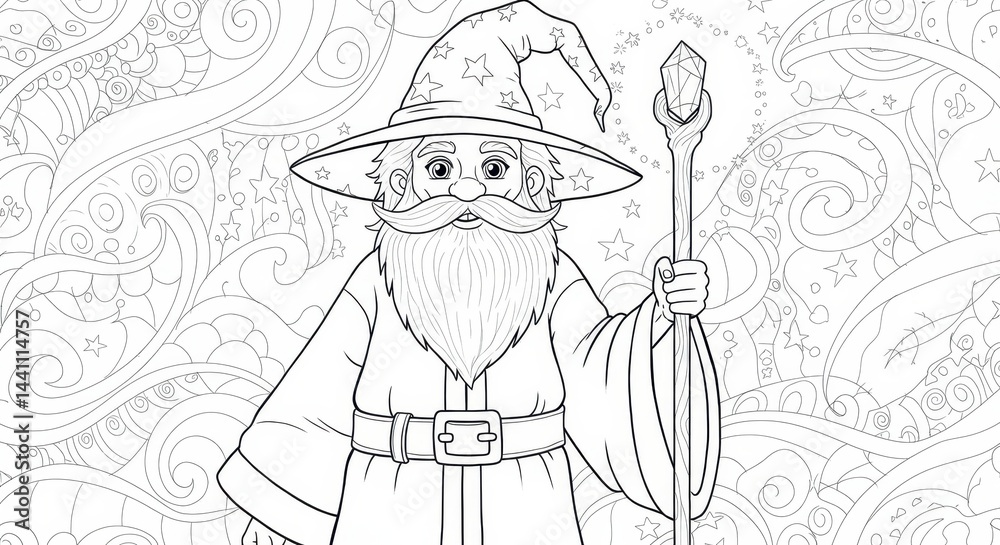 Fototapeta premium Wizard with Long Beard and Staff Line Art