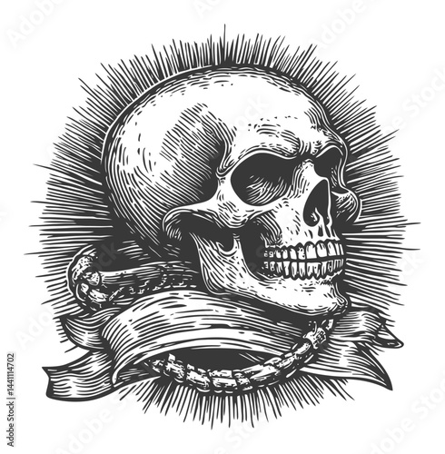 Vintage Hand-Drawn Skull Illustration with Banner Design