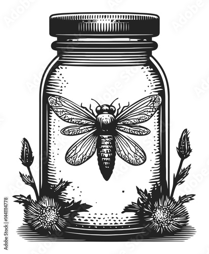 Vintage Hand Drawn Illustration of Insect in a Jar with Flowers