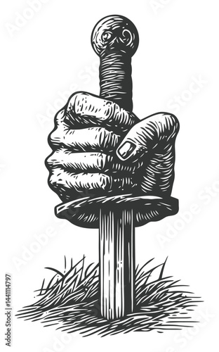 Vintage Hand-Drawn Illustration of a Sword Grasped by a Hand