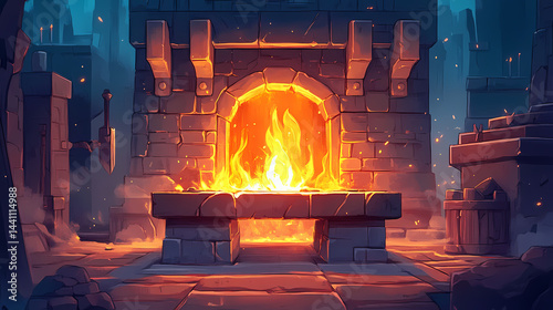 A legendary swordsmiths forge lit by dragonfire. Spirit Forge. Illustration