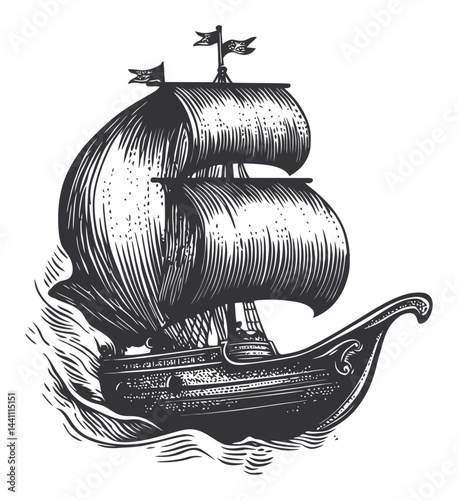 Vintage Hand-Drawn Illustration of a Classic Sailing Ship