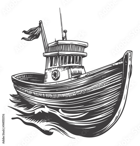 Vintage Hand-Drawn Illustration of a Classic Fishing Boat