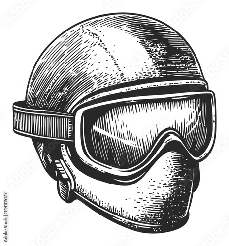 Vintage Hand-Drawn Illustration of a Ski Helmet and Goggles