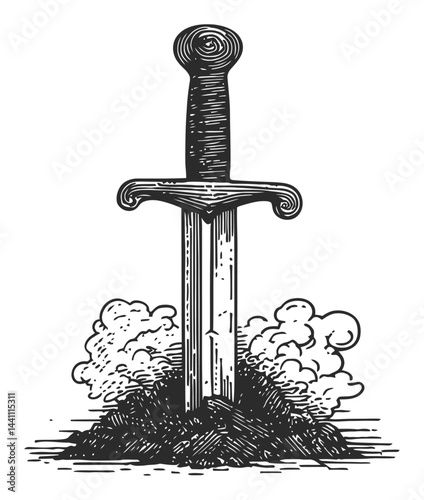 Vintage Hand-Drawn Illustration of Sword Embedded in Soil