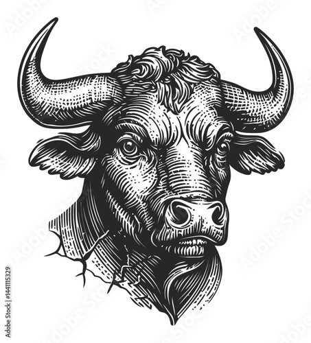 Vintage Hand Drawn Illustration of a Detailed Bull Head