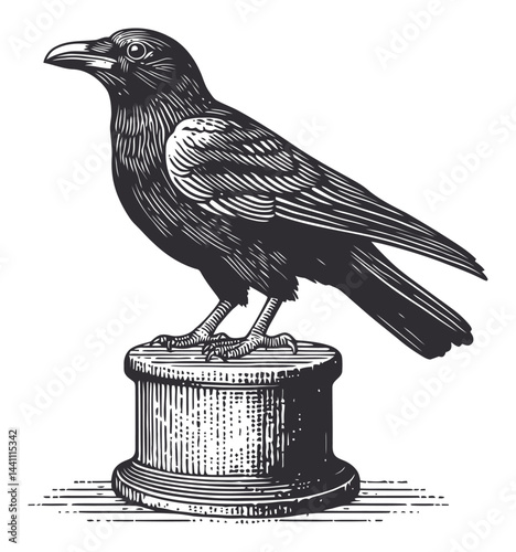 Vintage Hand-Drawn Illustration of a Crow on a Pedestal