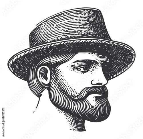 Vintage Hand-Drawn Illustration of a Man with a Hat Profile