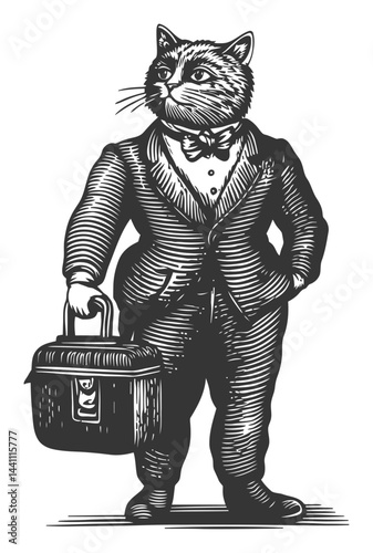 Vintage Hand Drawn Illustration of a Cat in Formal Attire with Briefcase