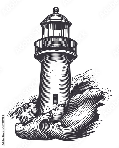 Vintage Hand-Drawn Illustration of a Lighthouse Surrounded by Waves