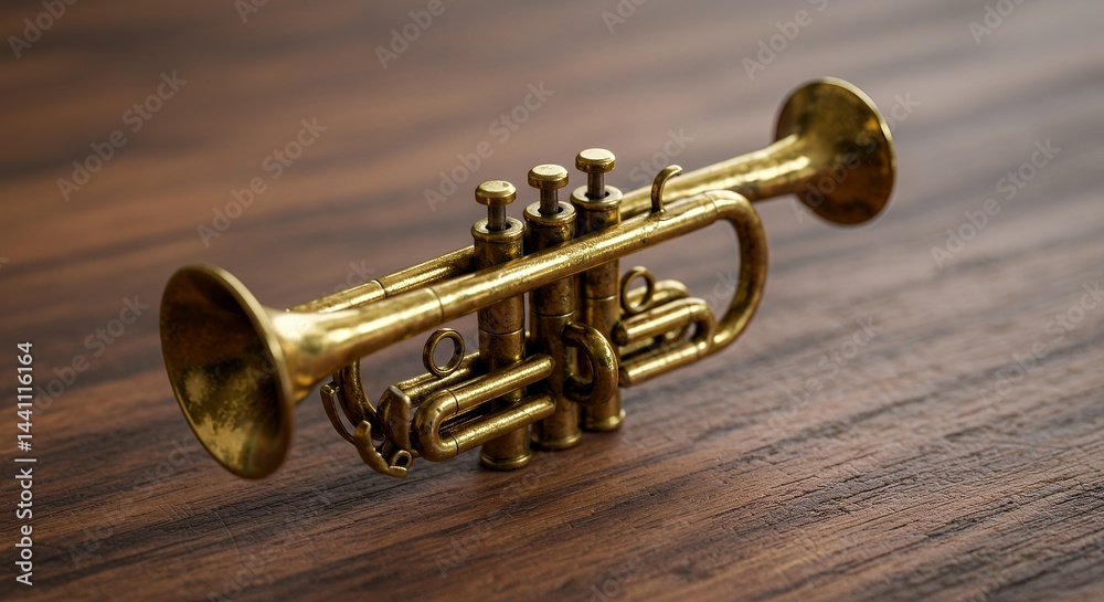 Obraz premium Tarnished Golden Miniature Toy Trumpet Isolated on Wooden Background Symbolizing Broken Dreams in Detailed Close Up Shot
