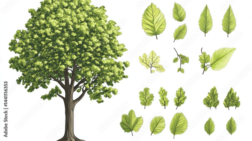 Fototapeta premium Tree leaves illustration; botany, nature study guide