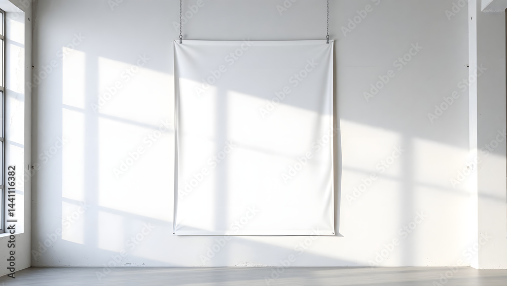 Blank Vertical Banner Mockup Minimalist White Canvas Hanging in Sunlight Blank Vertical Banner Mockup Minimalist White Canvas Hanging in Sunlight