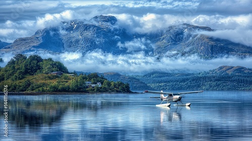 A seaplane touches down on a serene fjord, surrounded by majestic mountains and clouds