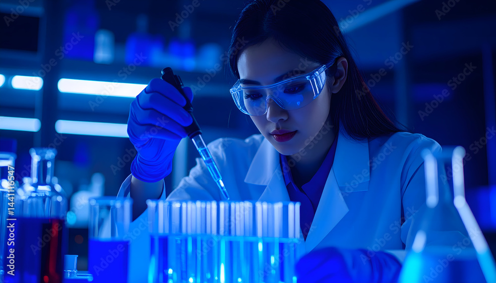 Fototapeta premium Asian Scientist Conducting Experiment in Blue-Lit Lab
