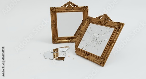 Two Broken Ornate Gold Framed Mirrors Resting on White Surface with Reflections of White Suggesting Forgotten Memories and The Passage of Time photo