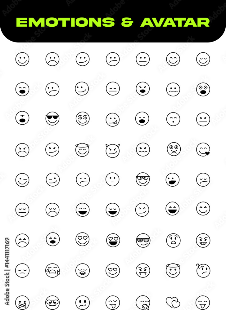 Emotions & Avatar Pack you shared is a super expressive collection of emoji-style icons — perfect for messaging apps, social media platforms, avatars, feedback forms, websites and more