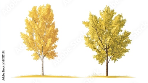 Two autumn trees, yellow leaves, white background, design element