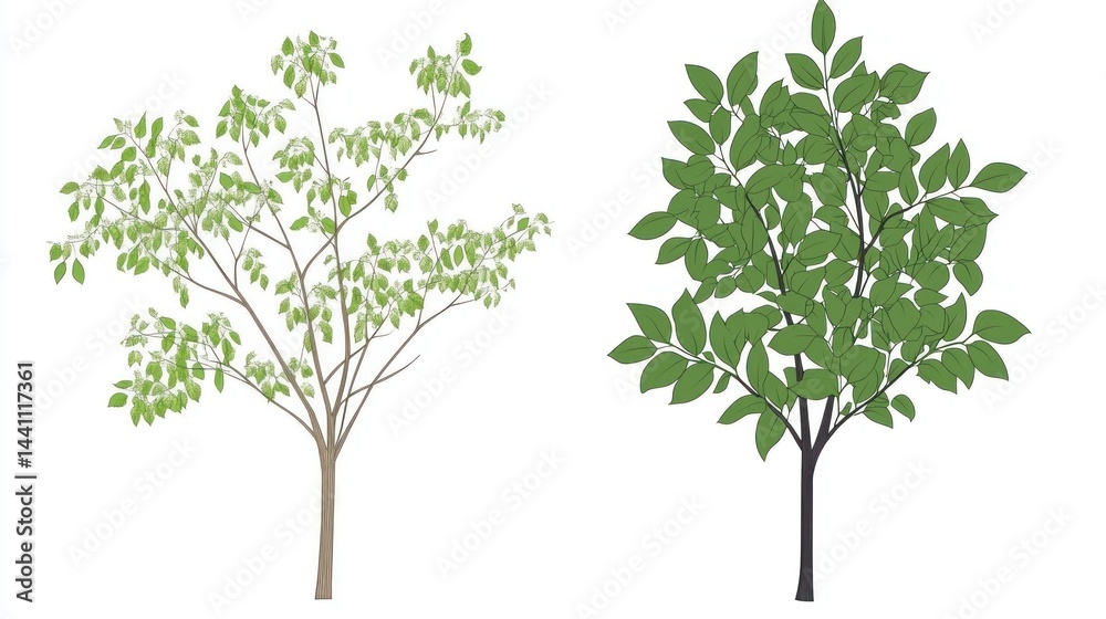 Obraz premium Two deciduous trees, spring foliage, white background, landscaping design