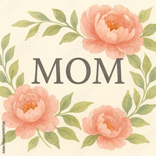 A soft and elegant watercolor illustration featuring the word "MOM" surrounded by delicate peach-colored flowers and green leaves on a light cream background. 