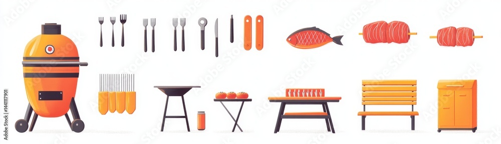 Fototapeta premium Cartoon set for BBQ and grill featuring skewered meat and vegetables, fish fillet, a grilled chicken leg, protective mitt, various cooking tools, a round barbecue stand, a garden swing bench, spices