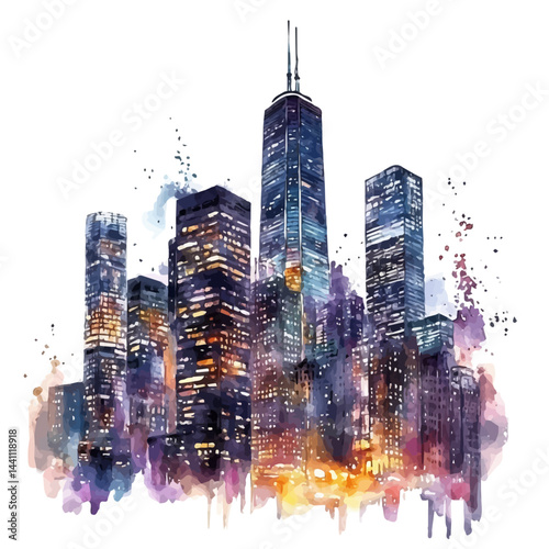 Night View Of City Skyscrapers Lit Up, vector watercolor illustration, isolated on a white background.