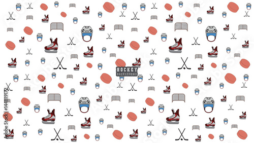 Seamless Ice Hockey Pattern with Skates Helmets Sticks Pucks and Goals on White Background Vector