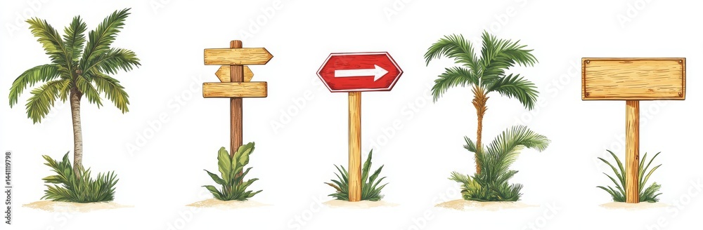 Naklejka premium Jungle-themed wooden signboard collection, including directional pointers, planks covered in vines, empty boards with nails, a sign post with a stone base, and decorative green foliage elements