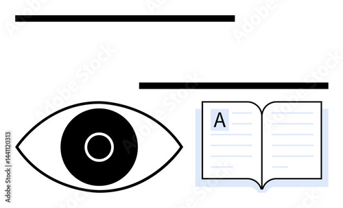 Eye symbol next to an open book with text highlights vision, reading, and learning. Ideal for education, literacy, creativity, focus, perception, learning platforms simple landing page