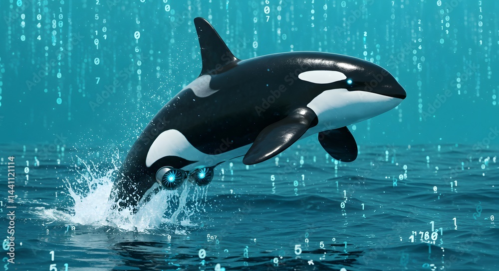 Obraz premium Orca Jumping Out of Water with Binary Code Background