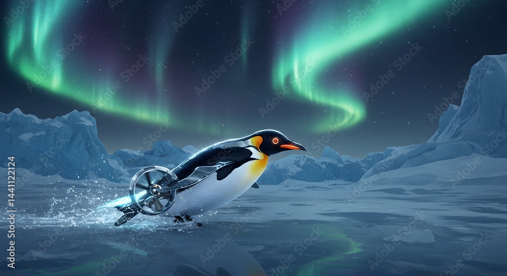 Fototapeta premium Penguin Fly Aurora Landscape