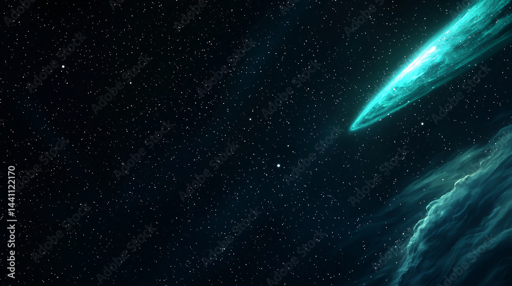 Fototapeta premium Cosmic Turquoise Comet Soaring Across the Starry Expanse of Space and Nebula Formations