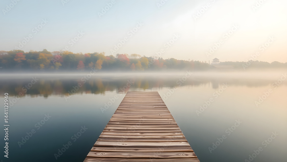 Serene Wooden Dock Extending into Misty Lake at Dawn Serene Wooden Dock Extending into Misty Lake at Dawn