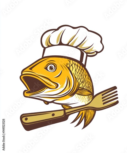 Chef fish on knife and fork, food, restaurant, logo design, kitchen, cooking, graphic, illustration photo