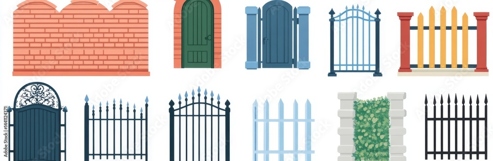 Wooden and stone fences are set against a white background in a modern cartoon illustration that portrays rural farm scenes, city gardens, house backyards, old cemetery gates, and barriers composed Wooden and stone fences are set against a white background in a modern cartoon illustration that portrays rural farm scenes, city gardens, house backyards, old cemetery gates, and barriers composed