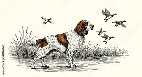 English Spaniel side view in a vintage style illustration  