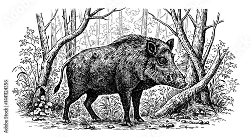 Wild boar engraving standing in a forest environment  