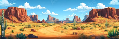 A sweeping desert landscape of the wild west features rocky mountains and lush green cacti, accompanied by a meandering dirt trail that stretches across the sandy terrain beneath a vibrant blue sky