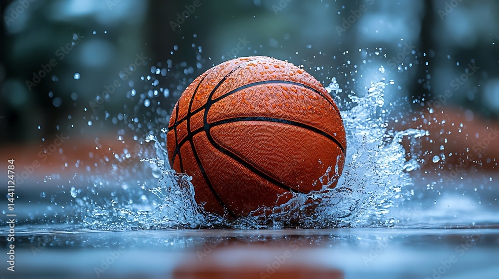 Orange basketball splashing in a rainy environment. Orange basketball splashing in a rainy environment.