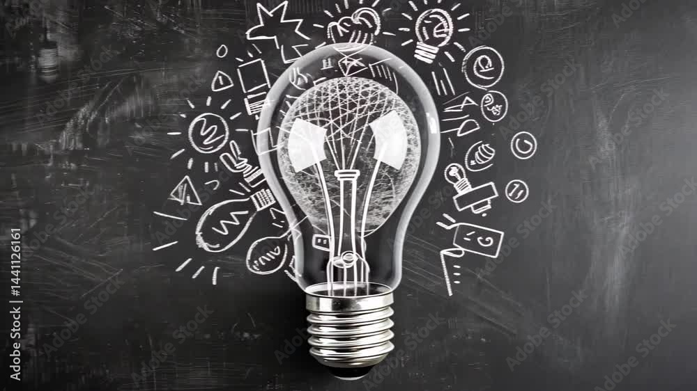 Creative black and white light bulb doodle art on chalkboard background. Ai Generated.