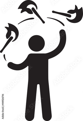 The illustration shows a stickman performing a fire stick juggling act